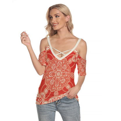 Sir Matthew Digby Wyatt Table cover from the Industrial arts of the Nineteenth Century (1851-1853) Women's Cold Shoulder T-shirt With Criss Cross Strips