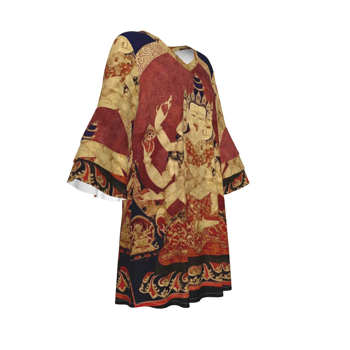 17th Century (1650) Tibeten Thanka of Guhyasamaja Akshobhyavajra, Women's Stacked Ruffle Sleeve Dress