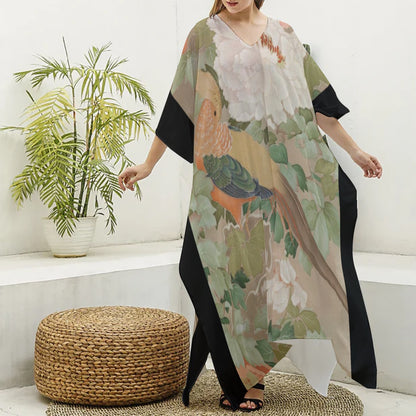 Early 19th Century Kimono, Pheasants amid Peonies-Authentic 19th Century Japanese Kimono Print on Women's Imitation Silk V-neck Kaftan Robe