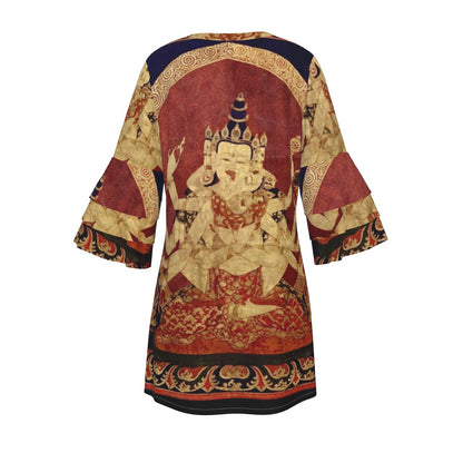 17th Century (1650) Tibeten Thanka of Guhyasamaja Akshobhyavajra, Women's Stacked Ruffle Sleeve Dress