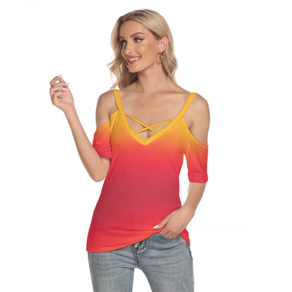 Tequila Sunrise Women's Cold Shoulder T-shirt With Criss Cross Strips