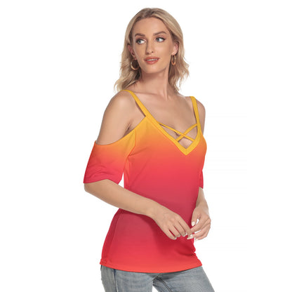 Tequila Sunrise Women's Cold Shoulder T-shirt With Criss Cross Strips