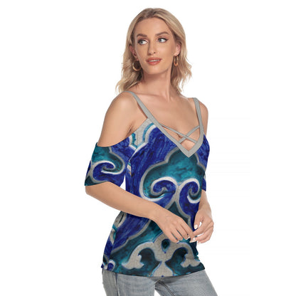 18th Century Blue and Turquoise Decorative Tile Women's Cold Shoulder T-shirt With Criss Cross Strips