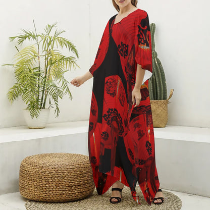 Red Chinese Lantern Women's Imitation Silk V-neck Kaftan Robe