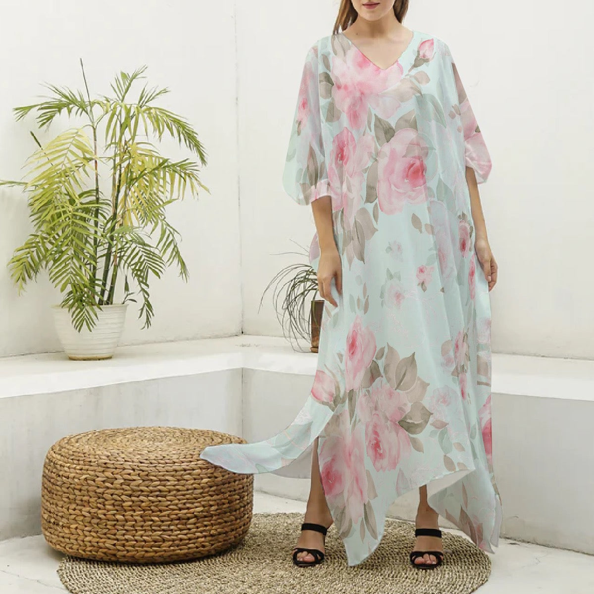 Roses Women's Imitation Silk V-neck Kaftan Robe