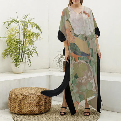 Early 19th Century Kimono, Pheasants amid Peonies-Authentic 19th Century Japanese Kimono Print on Women's Imitation Silk V-neck Kaftan Robe
