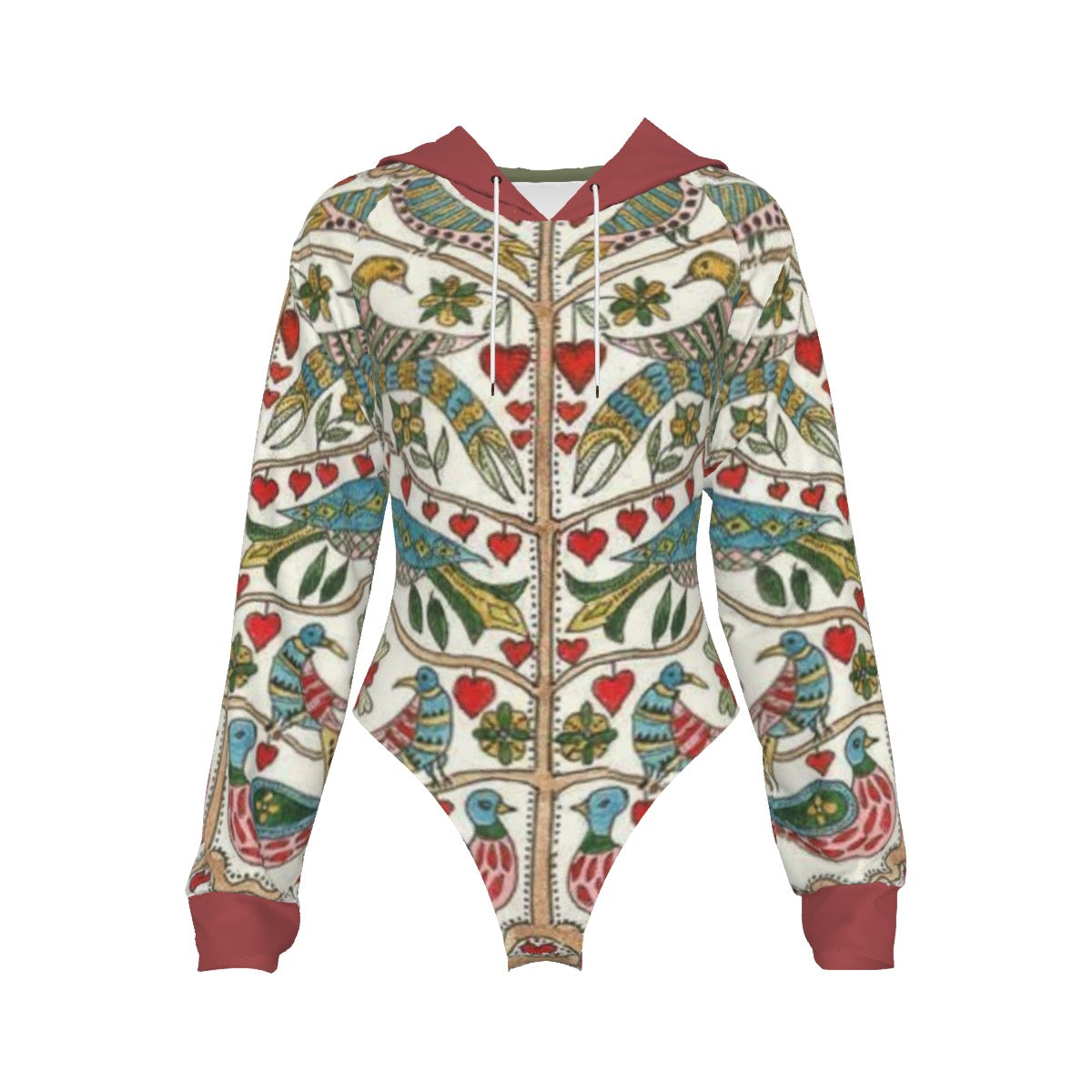 Kalamkari Indian Folk Art Raglan Sleeve Hooded Bodysuit