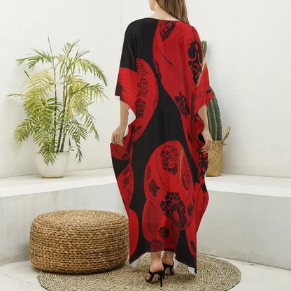 Red Chinese Lantern Women's Imitation Silk V-neck Kaftan Robe