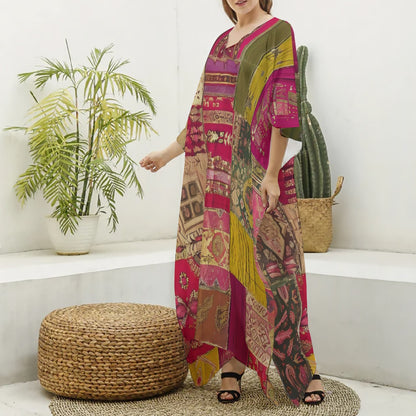 Indian Silk Patchwork Women's Imitation Silk V-neck Kaftan Robe