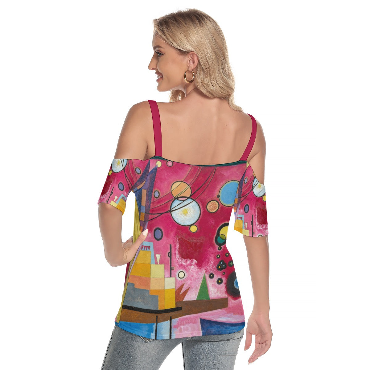 Wassily Kandinsky’s Heavy Red (1924) Women's Cold Shoulder T-shirt With Criss Cross Strips