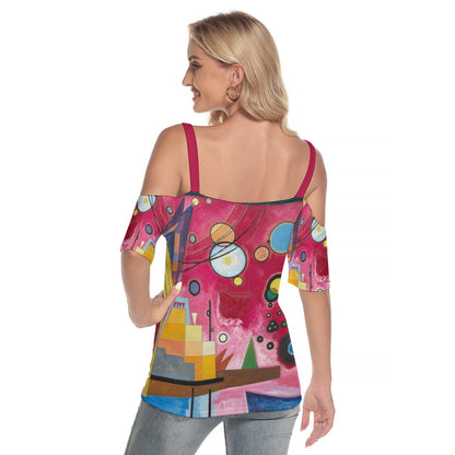 Wassily Kandinsky’s Heavy Red (1924) Women's Cold Shoulder T-shirt With Criss Cross Strips