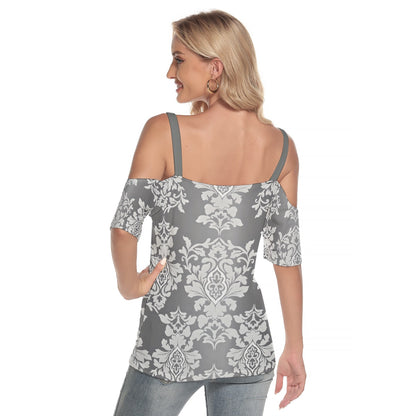 Platinum Rococo Women's Cold Shoulder T-shirt With Criss Cross Strips