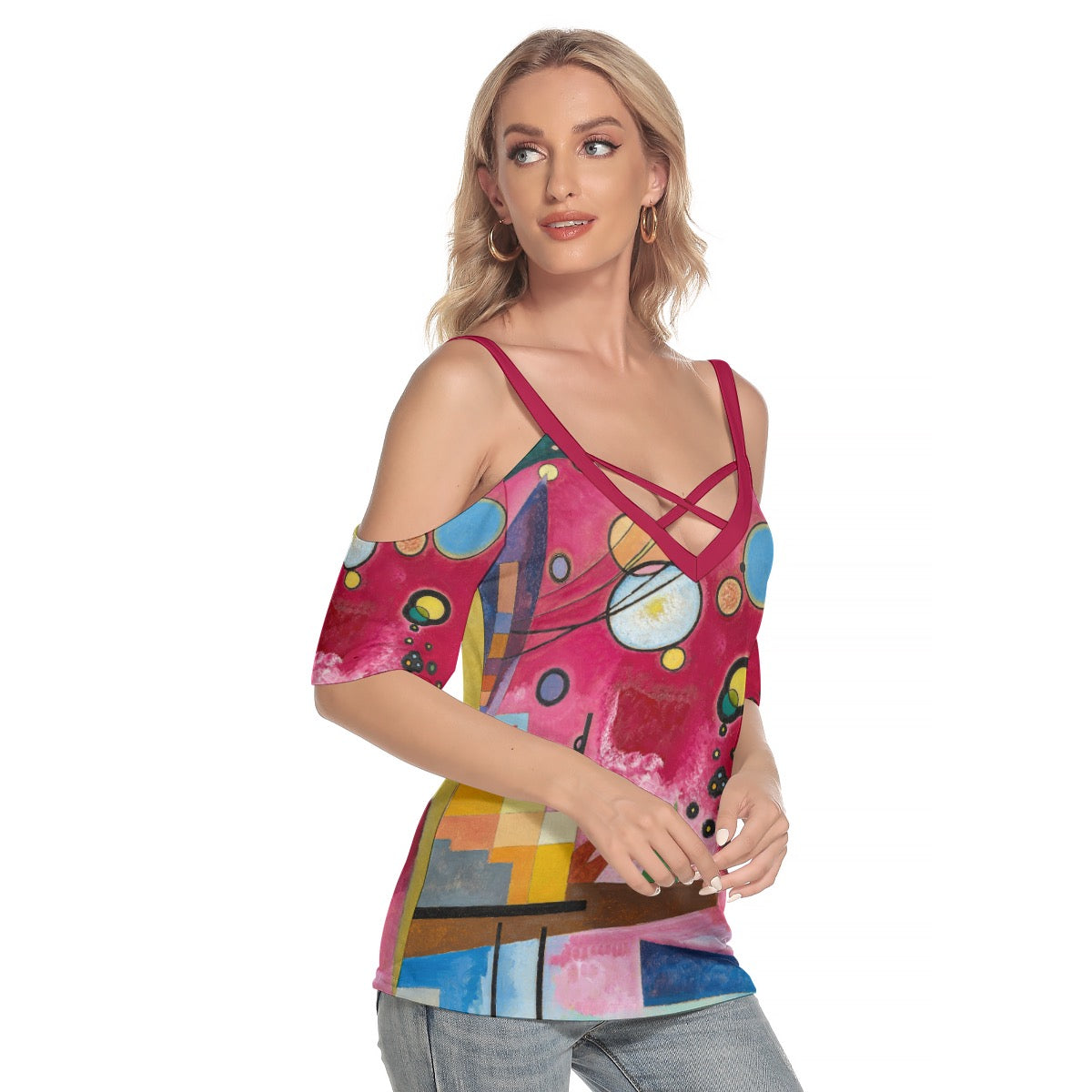 Wassily Kandinsky’s Heavy Red (1924) Women's Cold Shoulder T-shirt With Criss Cross Strips