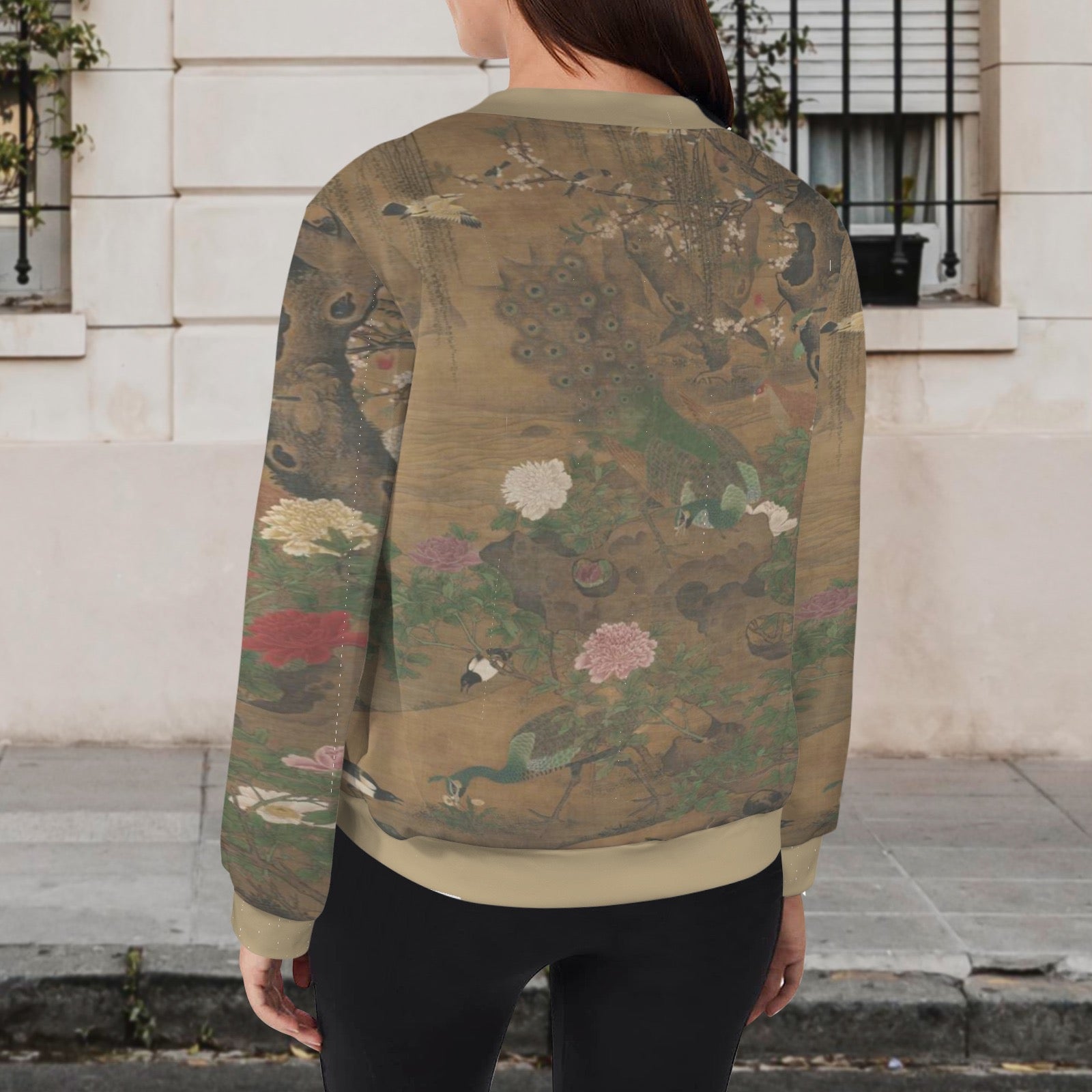 16th Century Painting by Yin Hong - Birds Gather under the Spring Willow Bomber Jacket