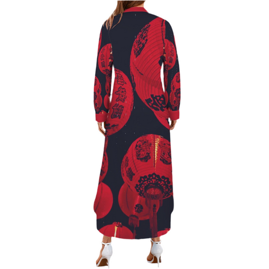 Red Chinese Lantern Women's Button Long Sleeve Shirt Dress