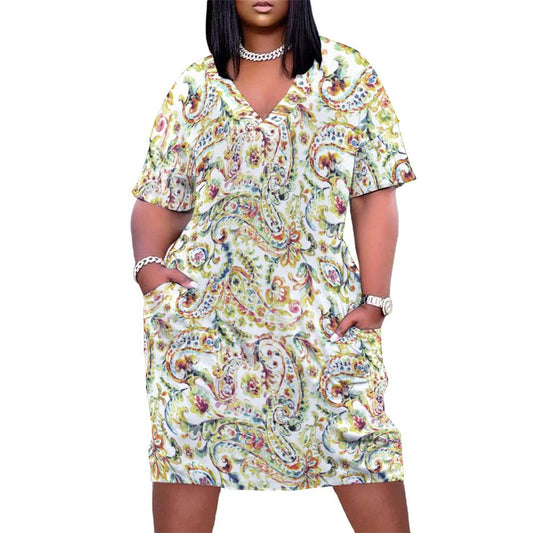 Watercolor Paisley V-Neck Baggy Dress with Pockets