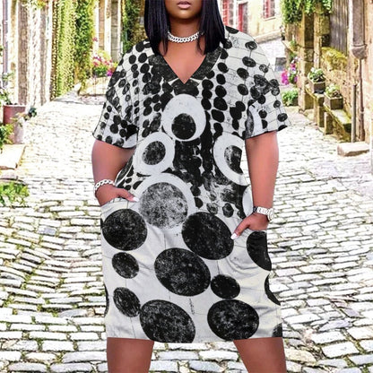 Buttons & Bobbles V-Neck Baggy Dress with Pockets