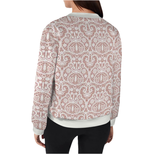 White Lace/Dusty Rose Casual Long Sleeve Zip-Up Bomber Jacket