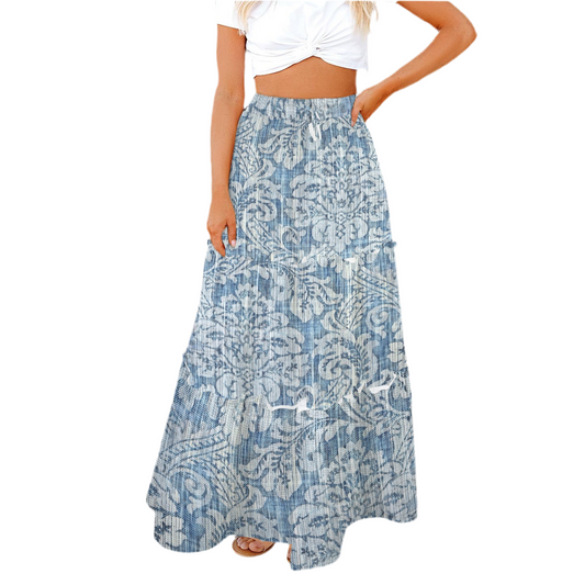 Rococo Denim Tie Front High Waist Frill Hem Maxi Skirt