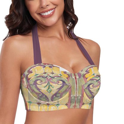 Watercolor Stained Glass design by Alice Cordelia Morse on Women's Halter Neck Gather Chest Bikini Top