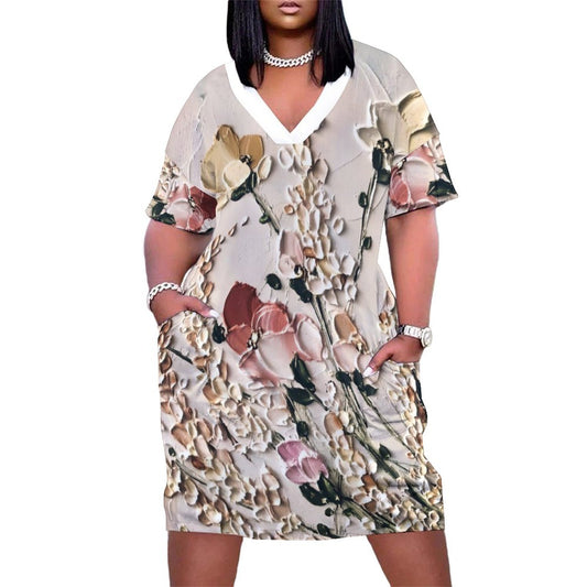 Frosting Flowers V-Neck Baggy Dress with Pocket