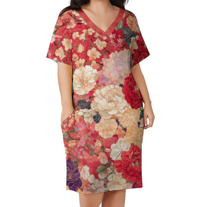 East In Bloom V-Neck Baggy Dress with Pockets