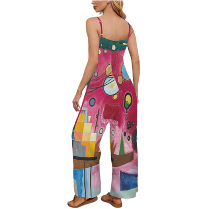 Wassily Kandinsky’s, Heavy Red painting (1924) on Custom Specialized Spaghetti Straps Pocket Wide Leg Jumpsuit