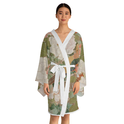 Early 19th Century Kimono, Pheasants amid Peonies-Authentic 19th Century Japanese Kimono Print on Long Sleeve Kimono Robe