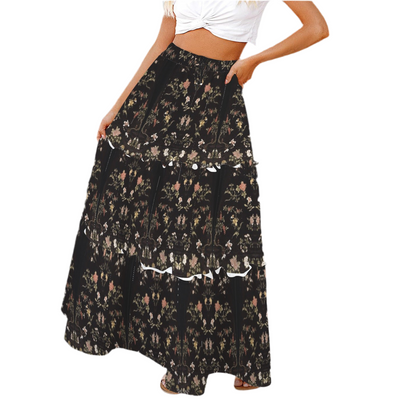 Chinese Qing Dynasty Woman's Floral Silk Robe design (1770-80) on Tie Front High Waist Frill Hem Maxi Skirt