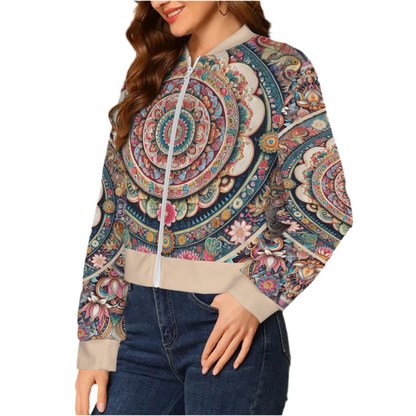 Mandala Casual Long Sleeve Zip-Up Bomber Jacket  (short waist)