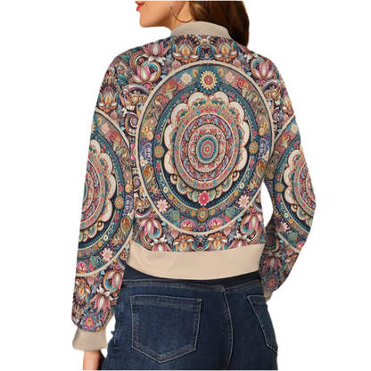 Mandala Casual Long Sleeve Zip-Up Bomber Jacket  (short waist)