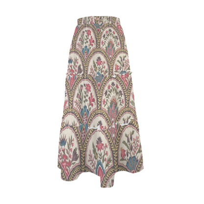 Folky Floral Fan Tie Front High Waist Frill Hem Maxi Skirt