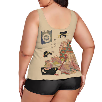Japanese Block Prints Art by Kikugawa Eizan (1787 1867), Utagawa Kunisada (1786 1864), and Utagawa Kunimaru (1793 1829), on Plus Size Two Piece Swimsuit for Women