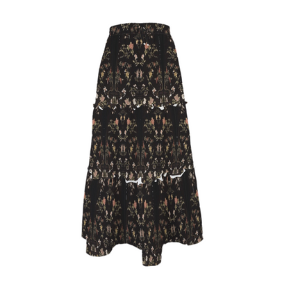 Chinese Qing Dynasty Woman's Floral Silk Robe design (1770-80) on Tie Front High Waist Frill Hem Maxi Skirt