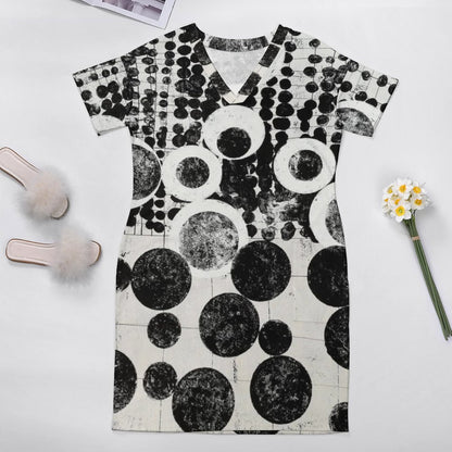 Buttons & Bobbles V-Neck Baggy Dress with Pockets