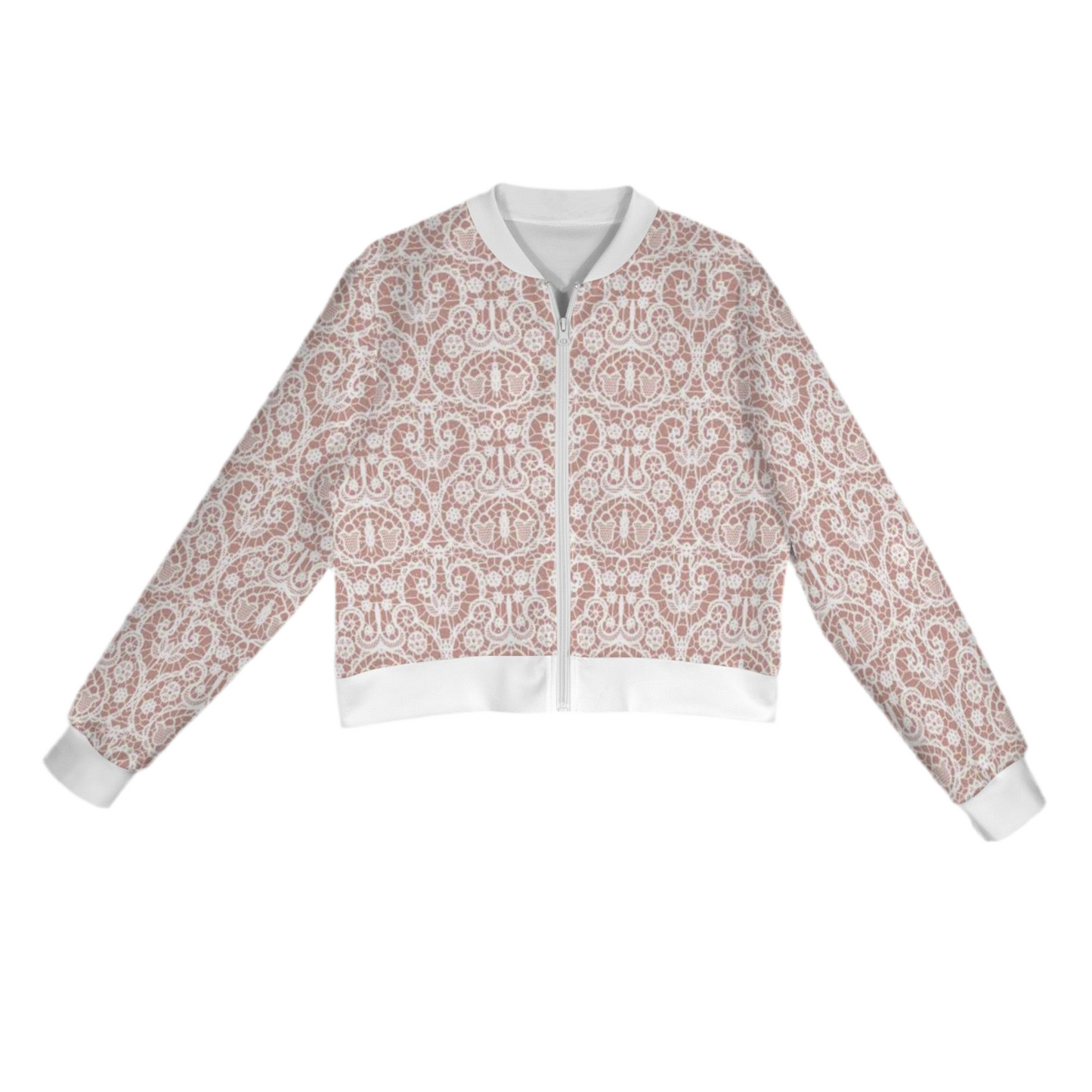 White Lace/Dusty Rose (short waist) Casual Long Sleeve Zip-Up Bomber Jacket