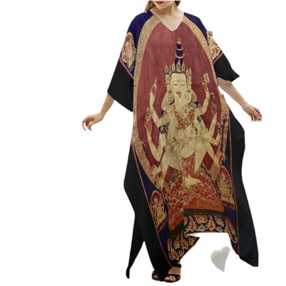 17th Century (1650) Tibeten Thanka of Guhyasamaja Akshobhyavajra, Women's Imitation Silk V-neck Kaftan Robe
