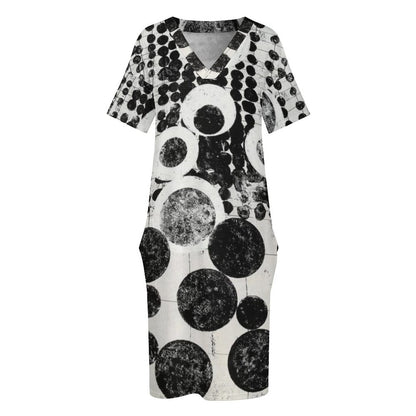 Buttons & Bobbles V-Neck Baggy Dress with Pockets