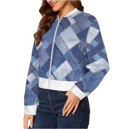 Patchwork Denim (short waist) Casual Long Sleeve Zip-Up Bomber Jacket
