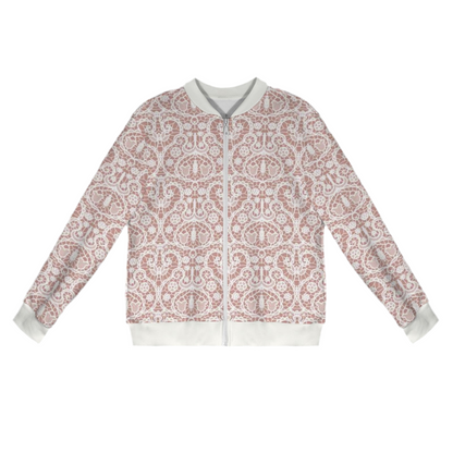 White Lace/Dusty Rose Casual Long Sleeve Zip-Up Bomber Jacket