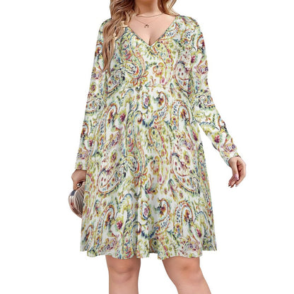 Watercolor Paisley Oversized V-neck Long Sleeve Dress