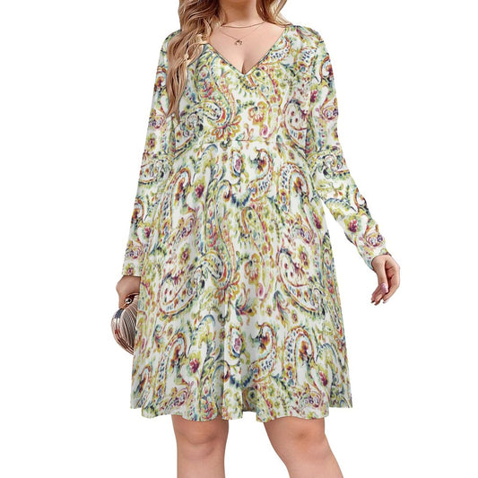 Watercolor Paisley Oversized V-neck Long Sleeve Dress