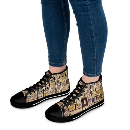 Old Time Remedies Vintage Newspaper Print High Top Sneakers for Women