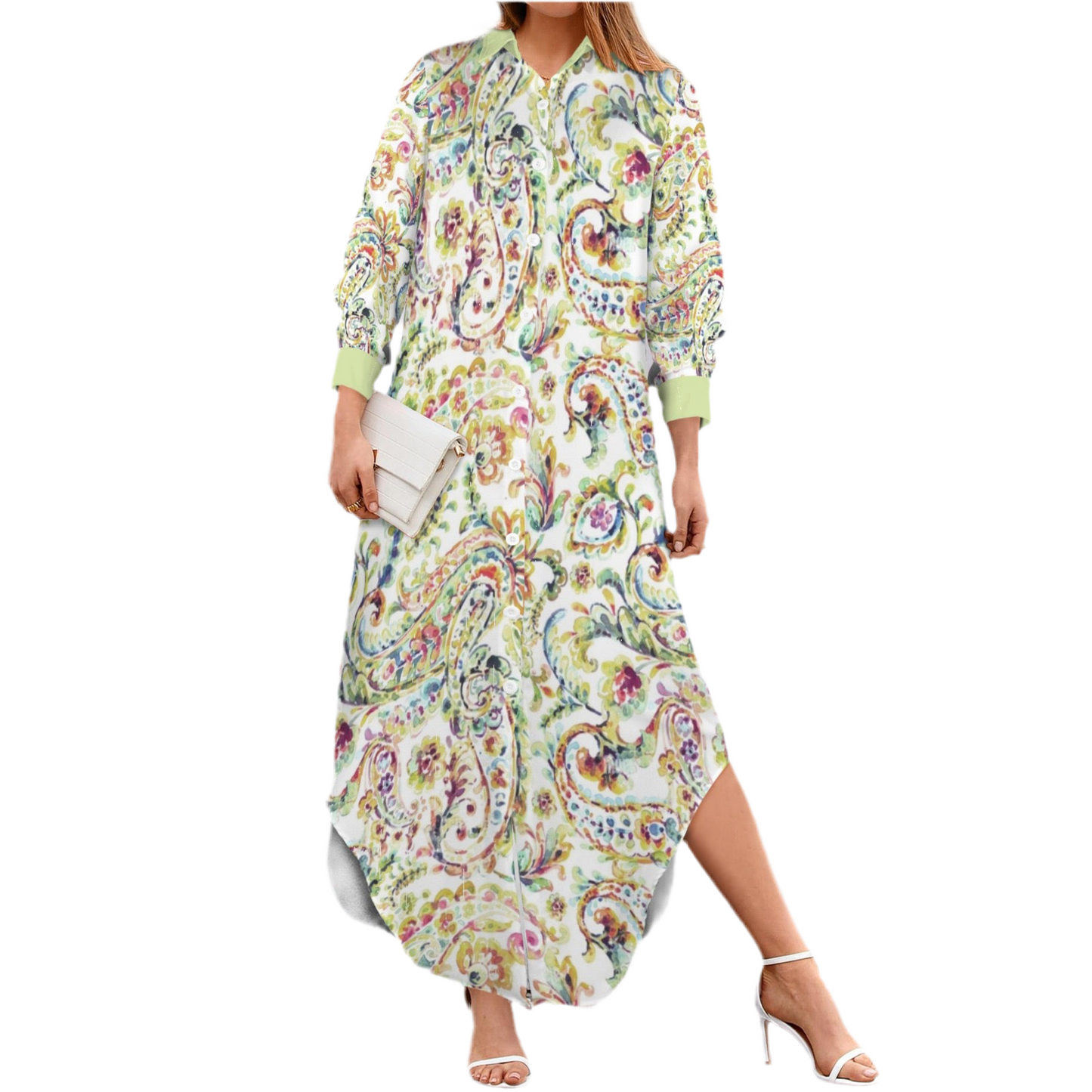 Watercolor Paisley Women's Button Long Sleeve Shirt Dress