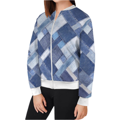 Patchwork Denim Casual Long Sleeve Zip-Up Bomber Jacket