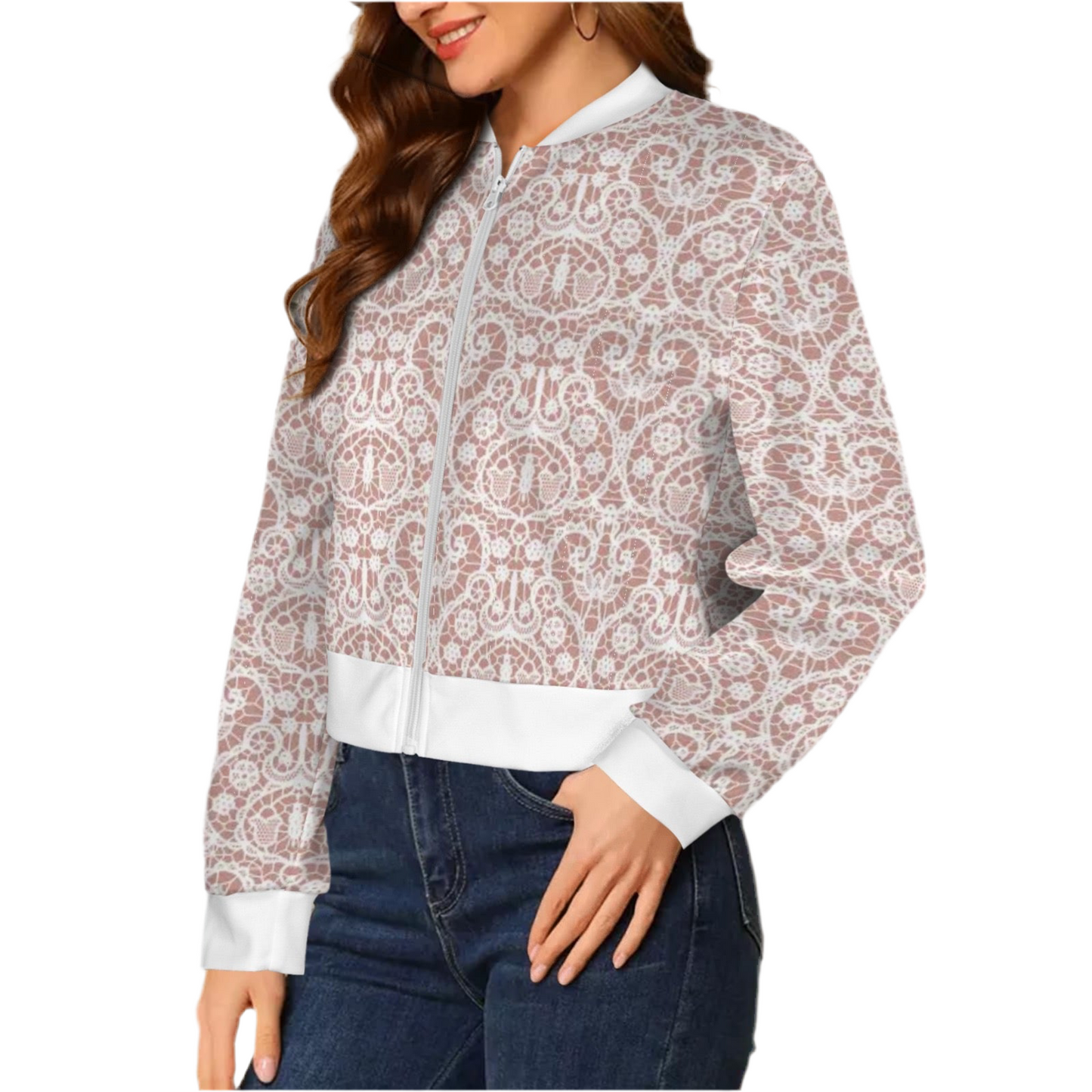 White Lace/Dusty Rose (short waist) Casual Long Sleeve Zip-Up Bomber Jacket