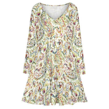 Watercolor Paisley Oversized V-neck Long Sleeve Dress