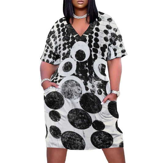 Buttons & Bobbles V-Neck Baggy Dress with Pockets