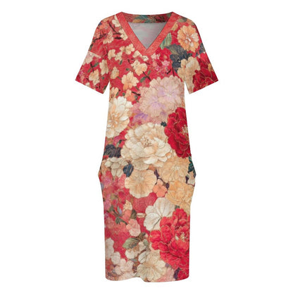 East In Bloom V-Neck Baggy Dress with Pockets