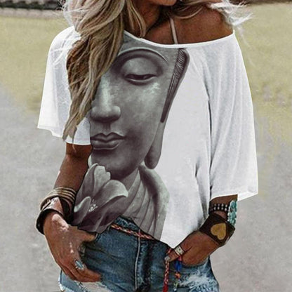 Buddha Flower Bliss Women’s Off the Shoulder Half-Sleeve T-shirt
